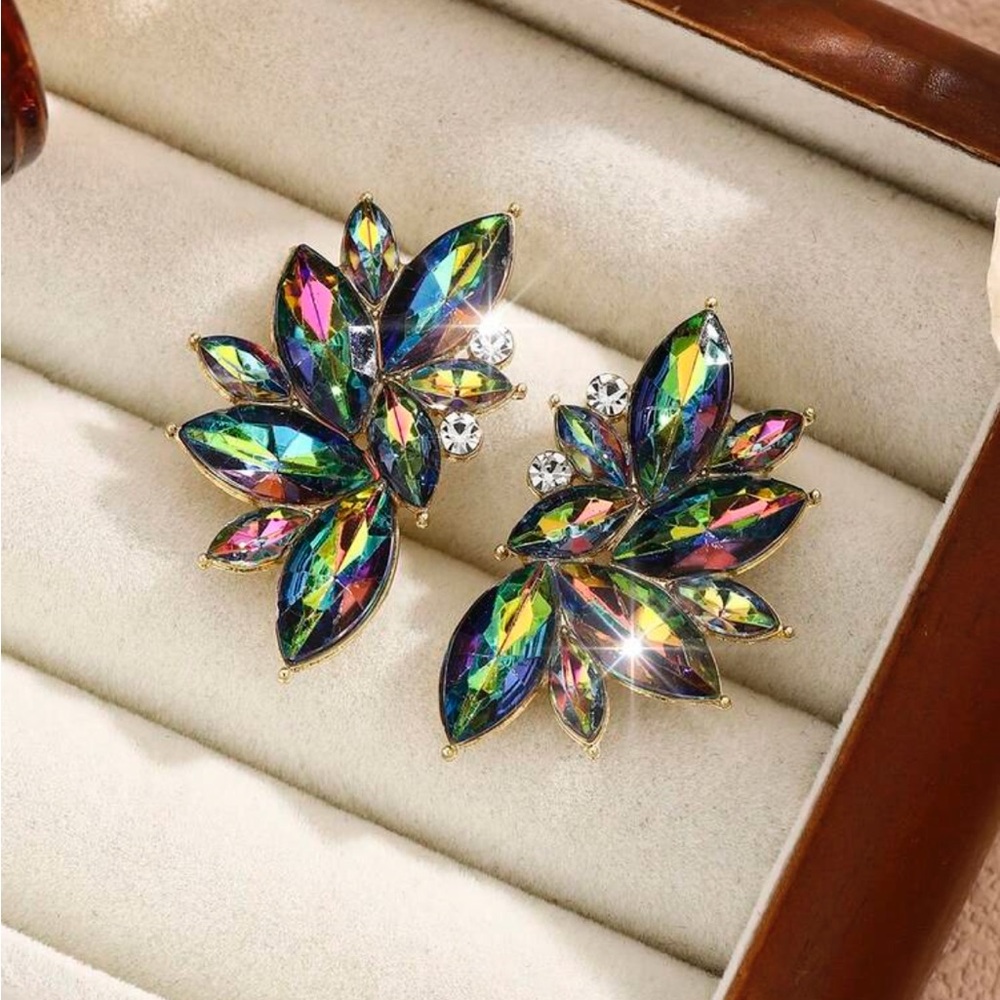 Multicolor Crystal Leaf Earrings - Picture 2 of 9